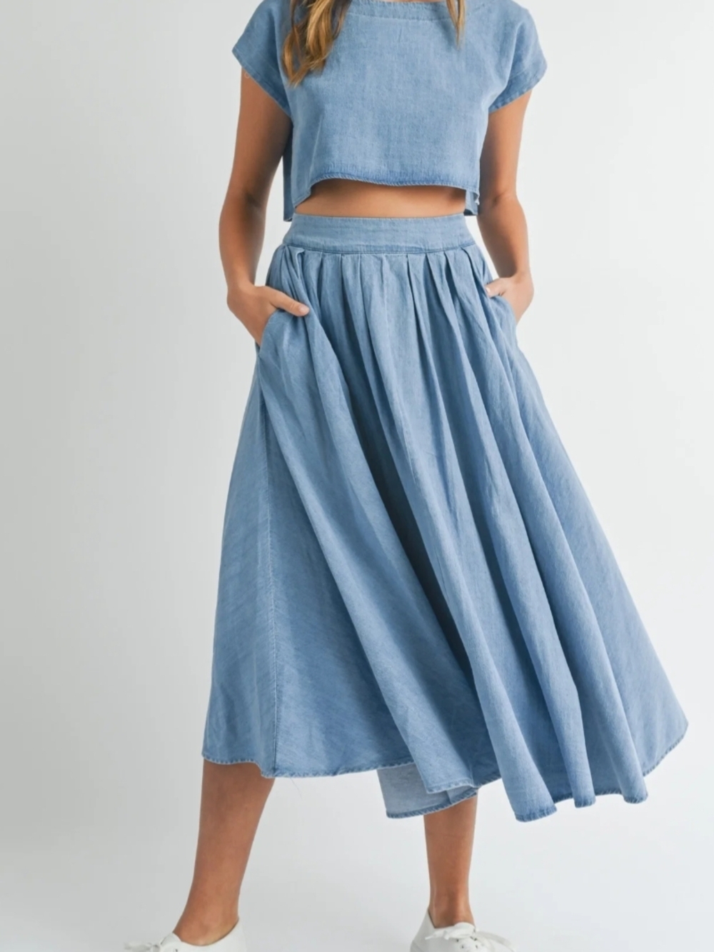 Pink Blush Chambray Maternity Midi Skirt + Crop Top Set - Size Large